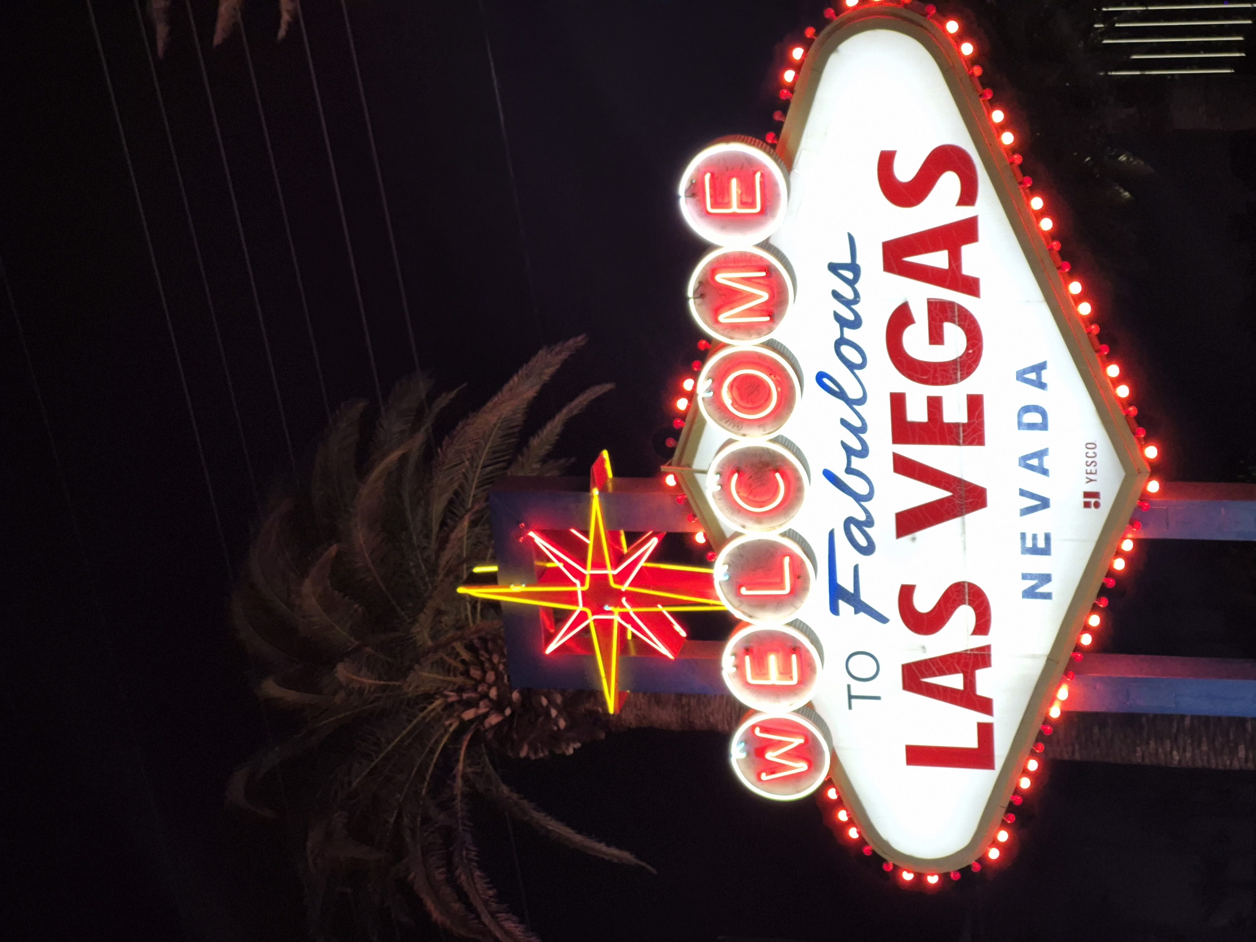 The iconic 'Welcome to Fabulous Las Vegas Nevada' neon sign lit up at night, with a palm tree beside it