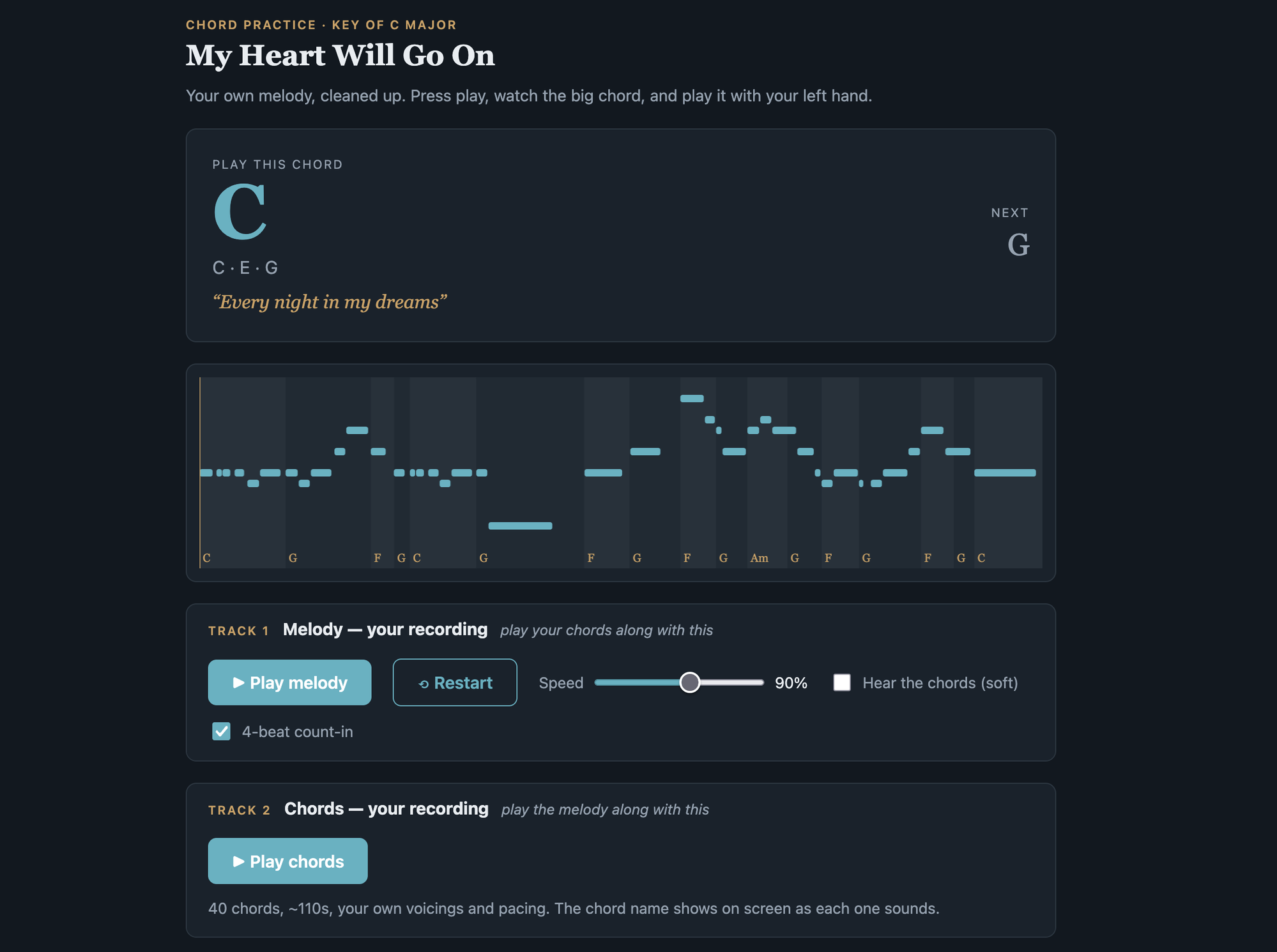 Two-track practice app — chord timeline, big current-chord display, lyrics with chords over the switch words