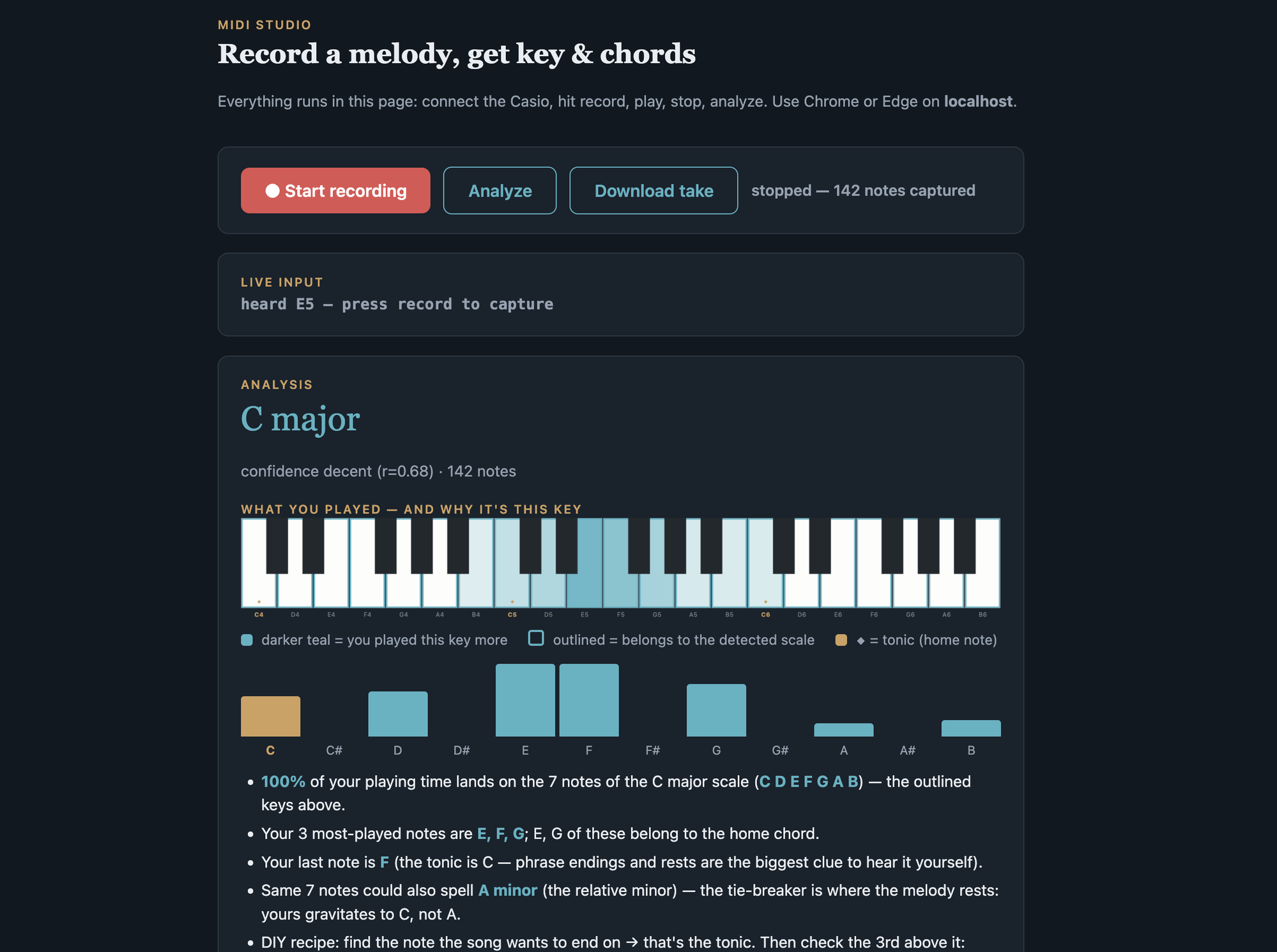 MIDI Studio — key detection with keyboard heat-map and explanation